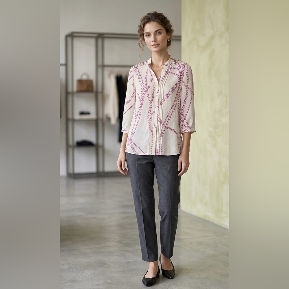 Parker 100% Silk Cream & Pink Abstract Print button down top size‎ L